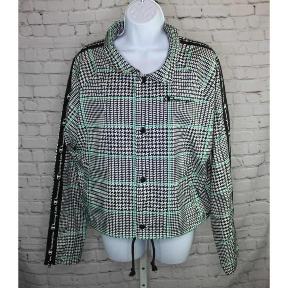 Champion Windbreaker Jacket Women's Large Black Houndstooth Cropped Button Up - Picture 2 of 7